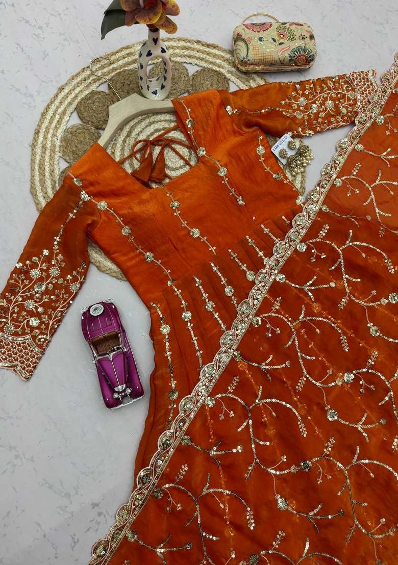 Orange Embroidery Silk Gown Set - Indya