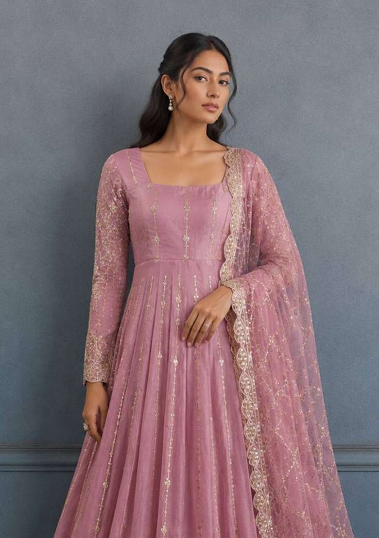 Pink Embroidery Silk Gown Set - Indya