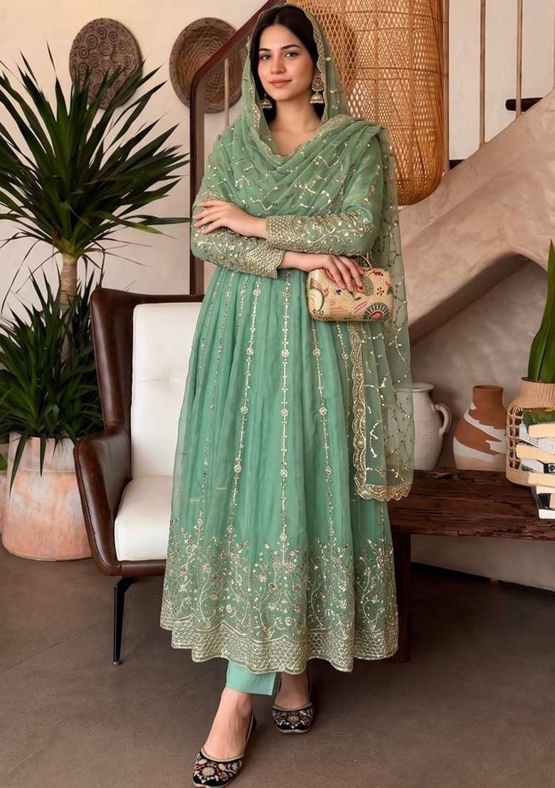 Pista Embroidery Silk Gown Set - Indya