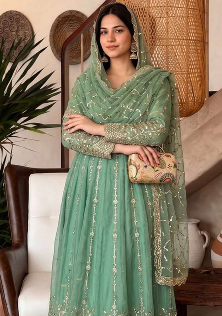 Pista Embroidery Silk Gown Set - Indya