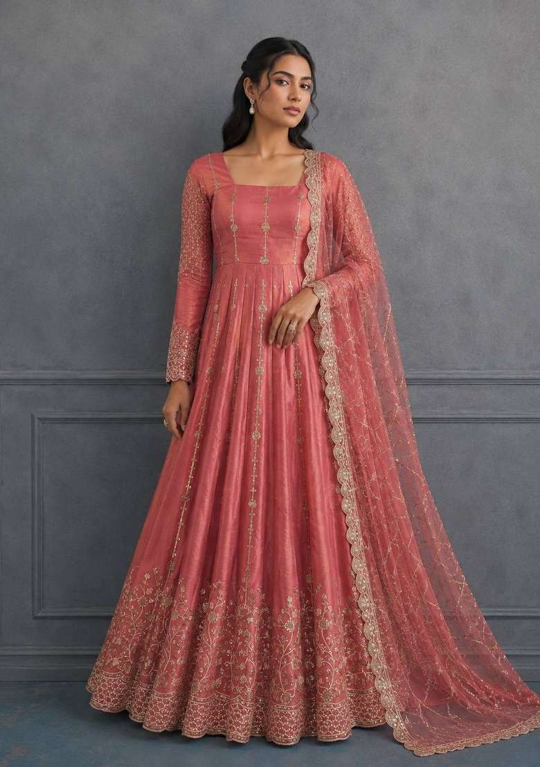 Peach Embroidery Silk Gown Set - Indya