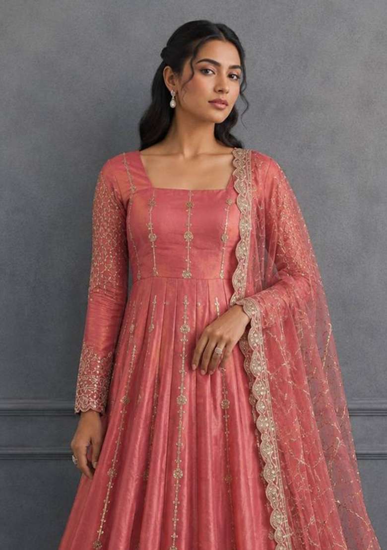 Peach Embroidery Silk Gown Set - Indya