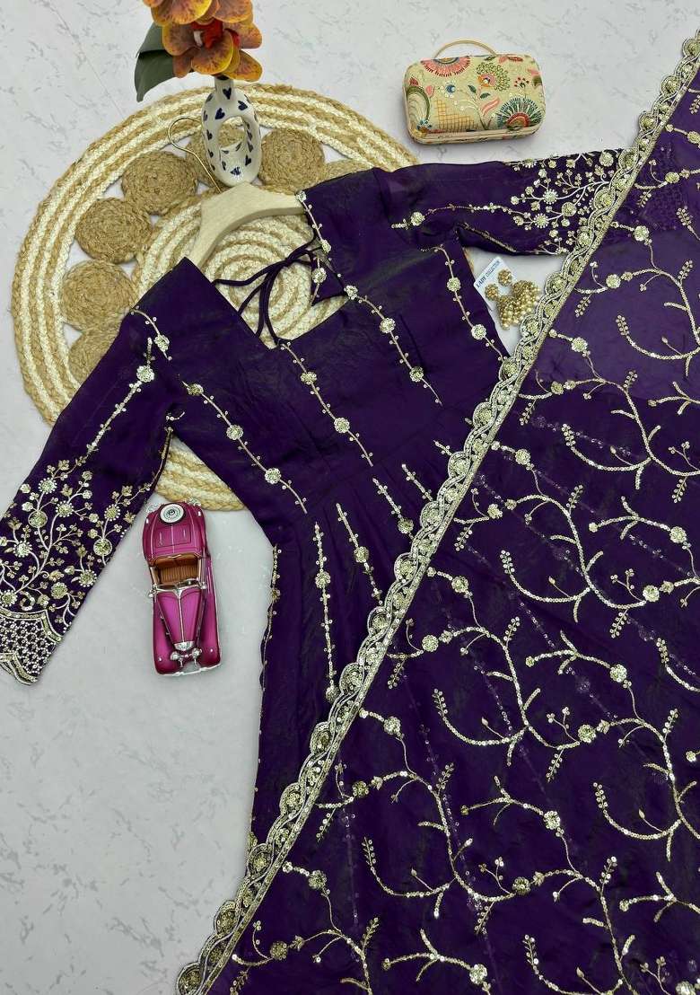 Purple Embroidery Silk Gown Set - Indya