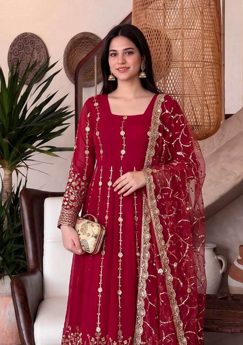 Red Embroidery Silk Gown Set - Indya