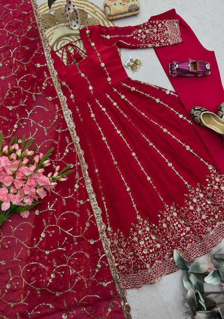 Red Embroidery Silk Gown Set - Indya