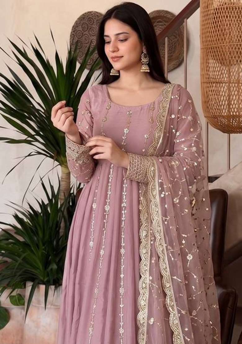 Violet Embroidery Silk Gown Set - Indya