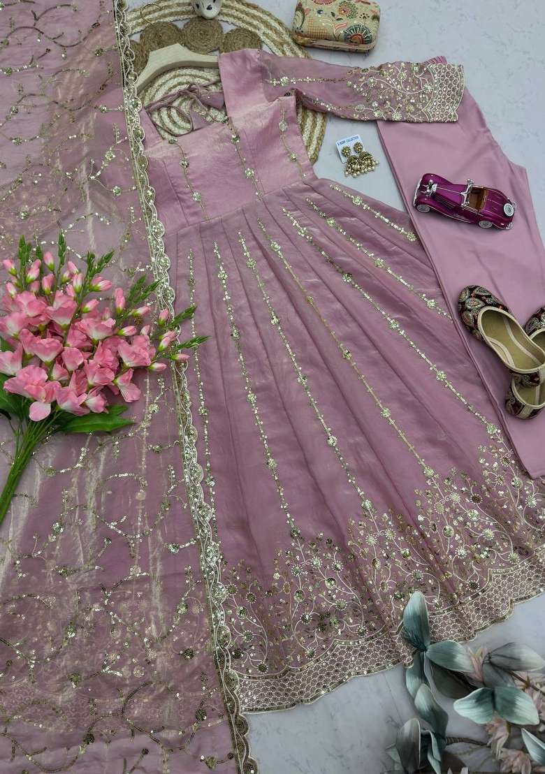 Violet Embroidery Silk Gown Set - Indya