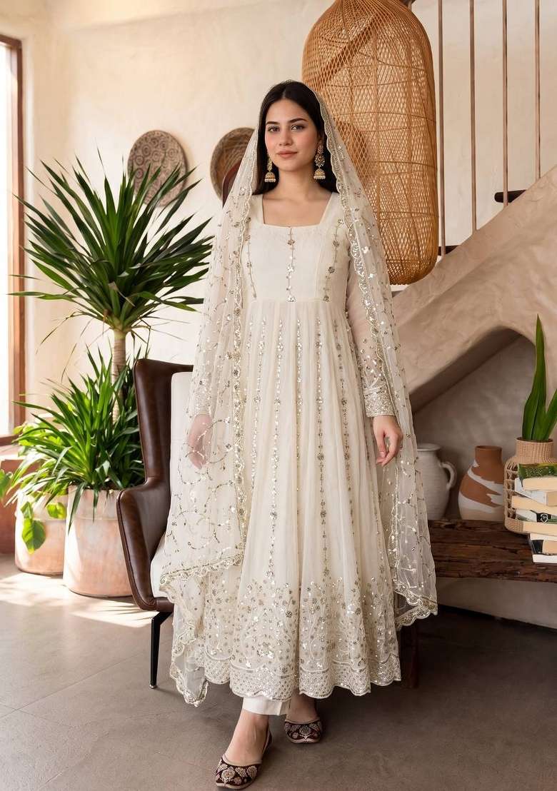 White Embroidery Silk Gown Set - Indya