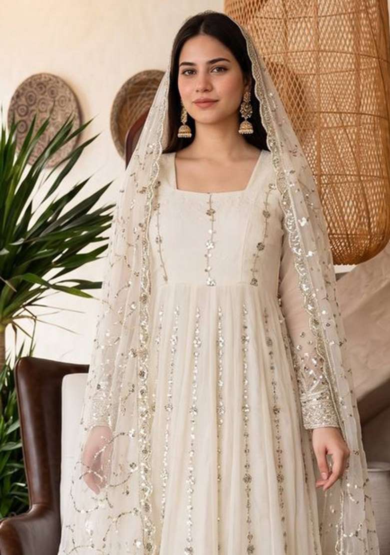 White Embroidery Silk Gown Set - Indya