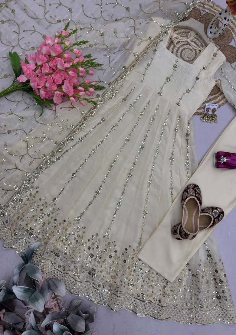 White Embroidery Silk Gown Set - Indya