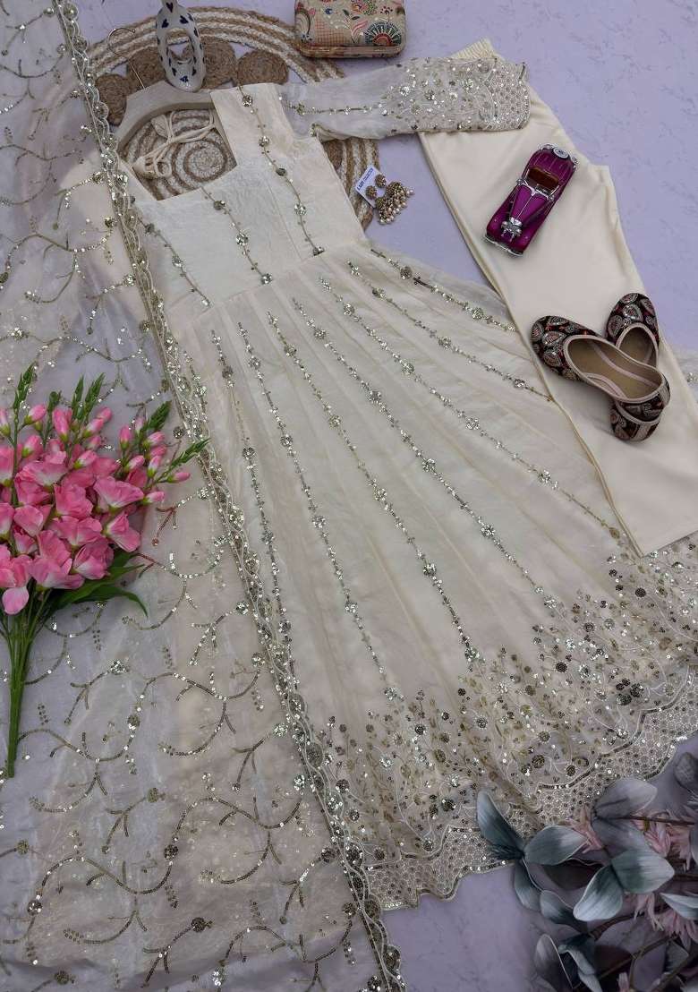 White Embroidery Silk Gown Set - Indya