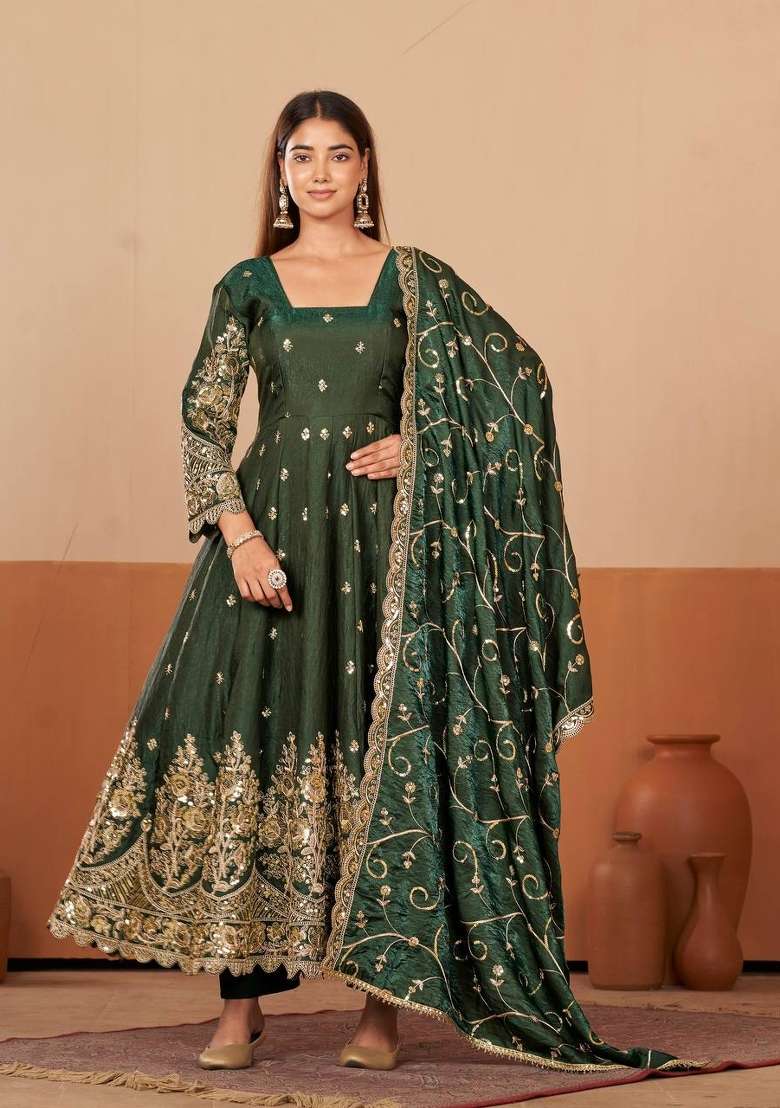 Green Embroidery Silk Gown Set - Indya