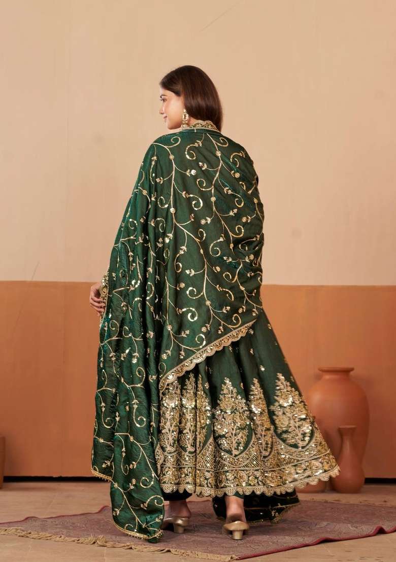 Green Embroidery Silk Gown Set - Indya