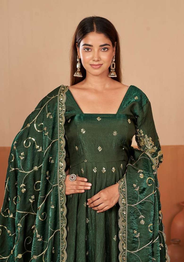 Green Embroidery Silk Gown Set - Indya