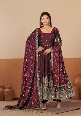 Maroon Embroidery Silk Gown Set