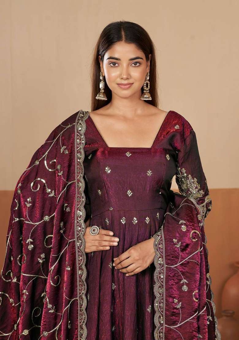 Maroon Embroidery Silk Gown Set - Indya