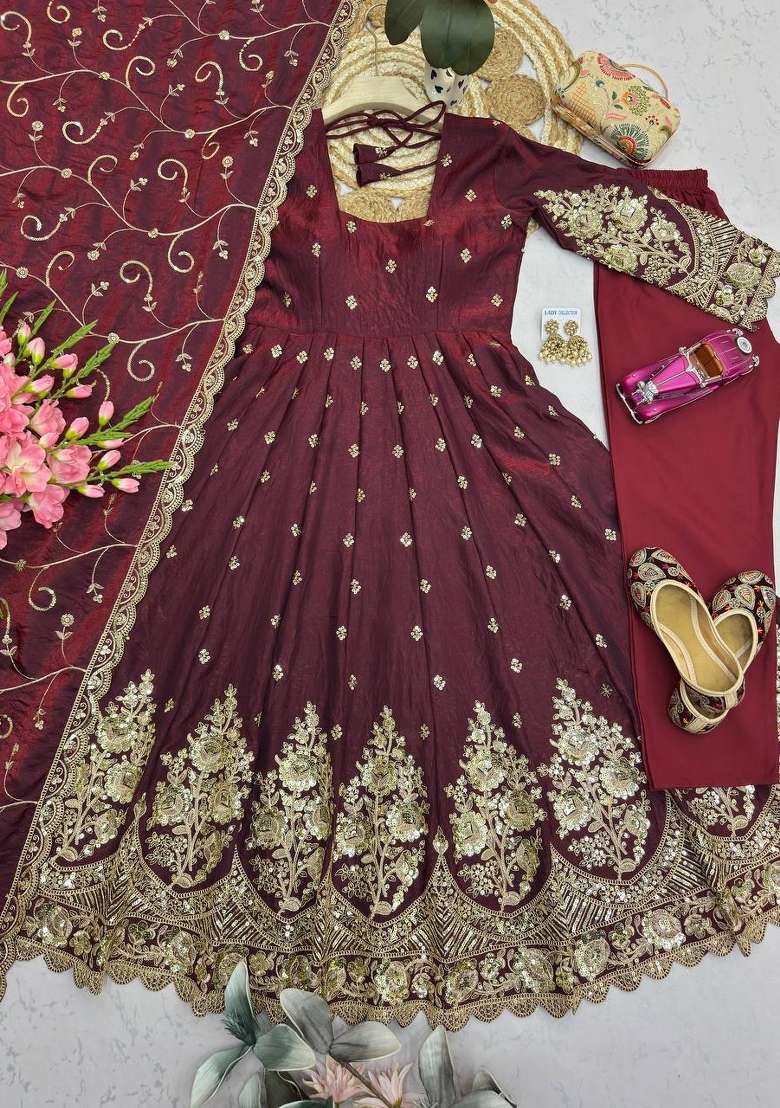 Maroon Embroidery Silk Gown Set - Indya