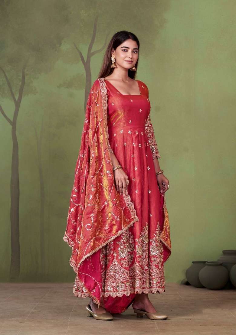 Peach Embroidery Silk Gown Set - Indya
