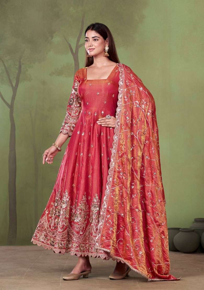 Peach Embroidery Silk Gown Set - Indya
