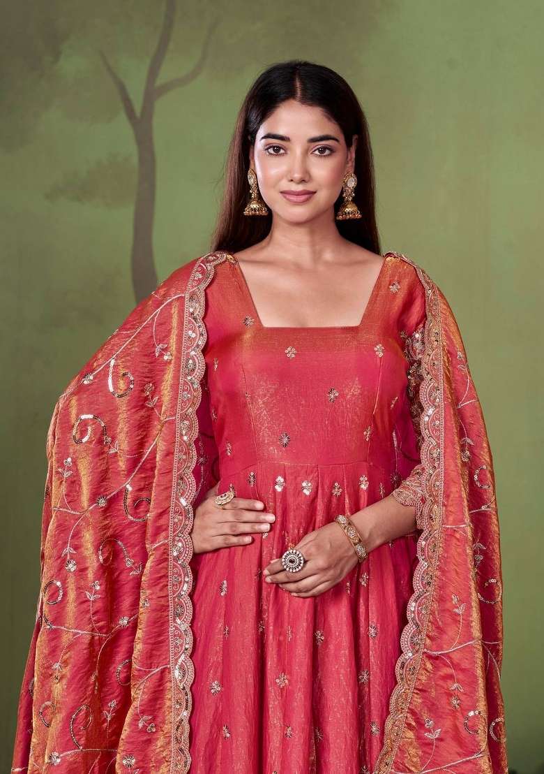 Peach Embroidery Silk Gown Set - Indya