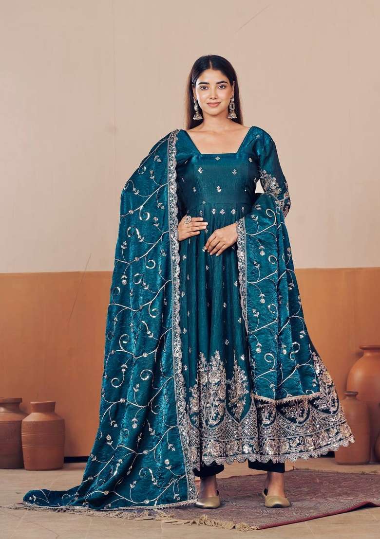 Rama Embroidery Silk Gown Set - Indya
