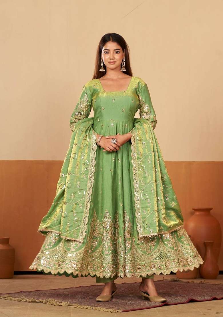 Pista Embroidery Silk Gown Set - Indya