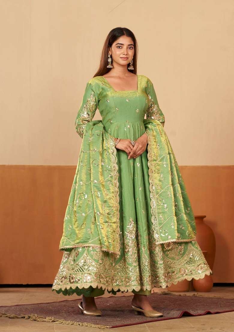 Pista Embroidery Silk Gown Set - Indya