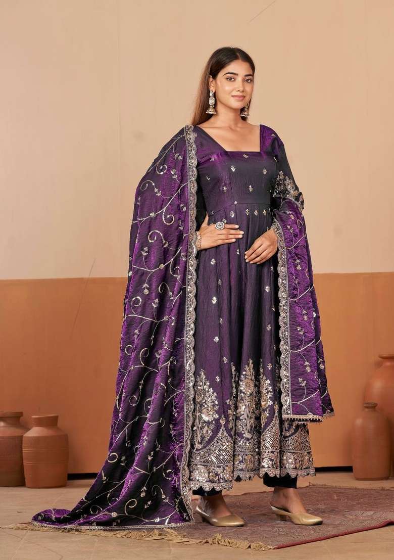 Purple Embroidery Silk Gown Set - Indya