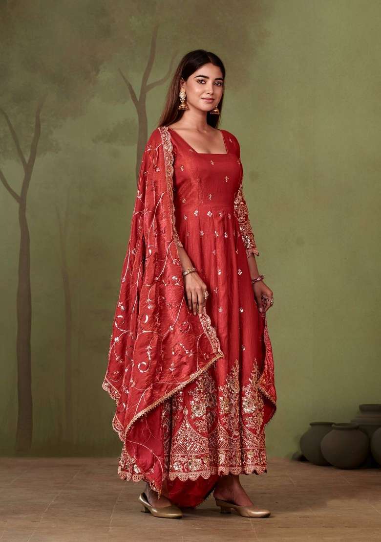 Red Embroidery Silk Gown Set - Indya