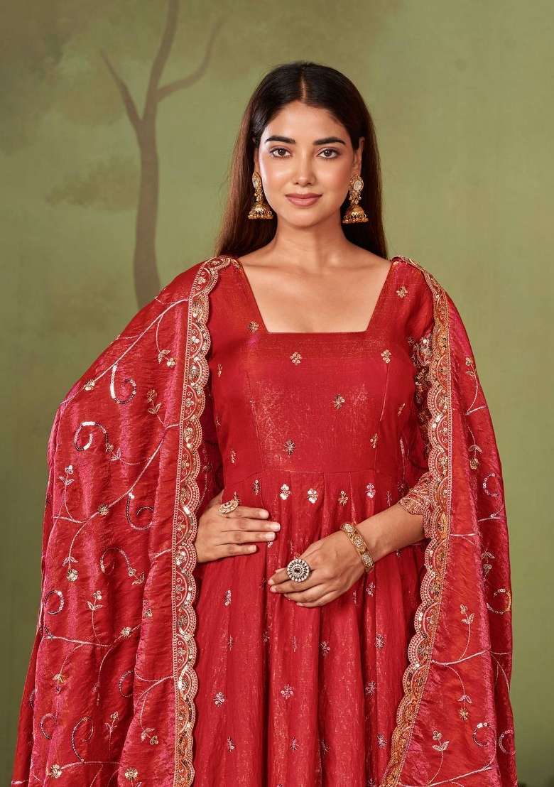Red Embroidery Silk Gown Set - Indya