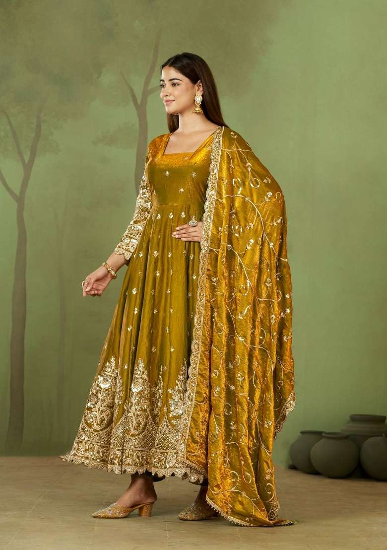 Yellow Embroidery Silk Gown Set - Indya