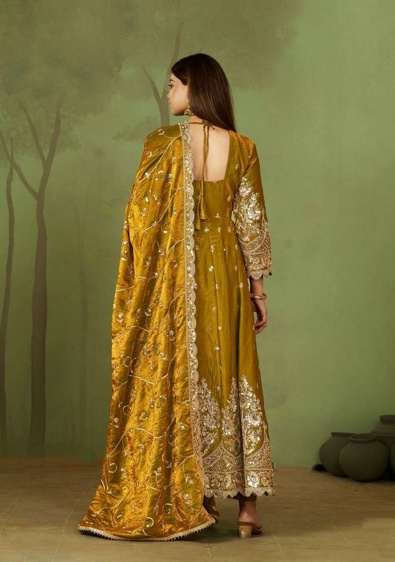 Yellow Embroidery Silk Gown Set - Indya
