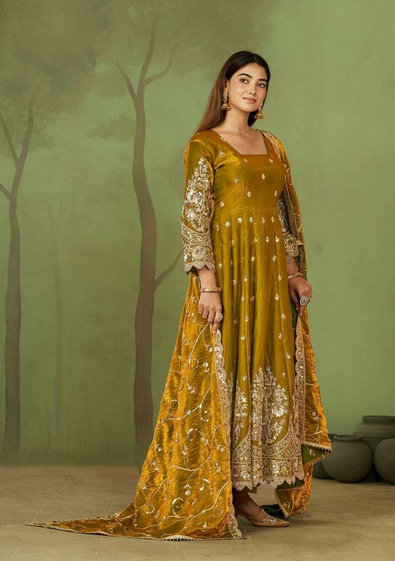 Yellow Embroidery Silk Gown Set - Indya