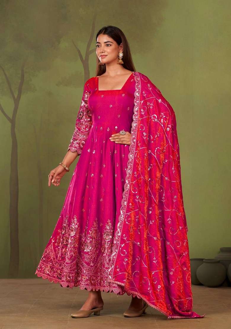 Pink Embroidery Silk Gown Set - Indya