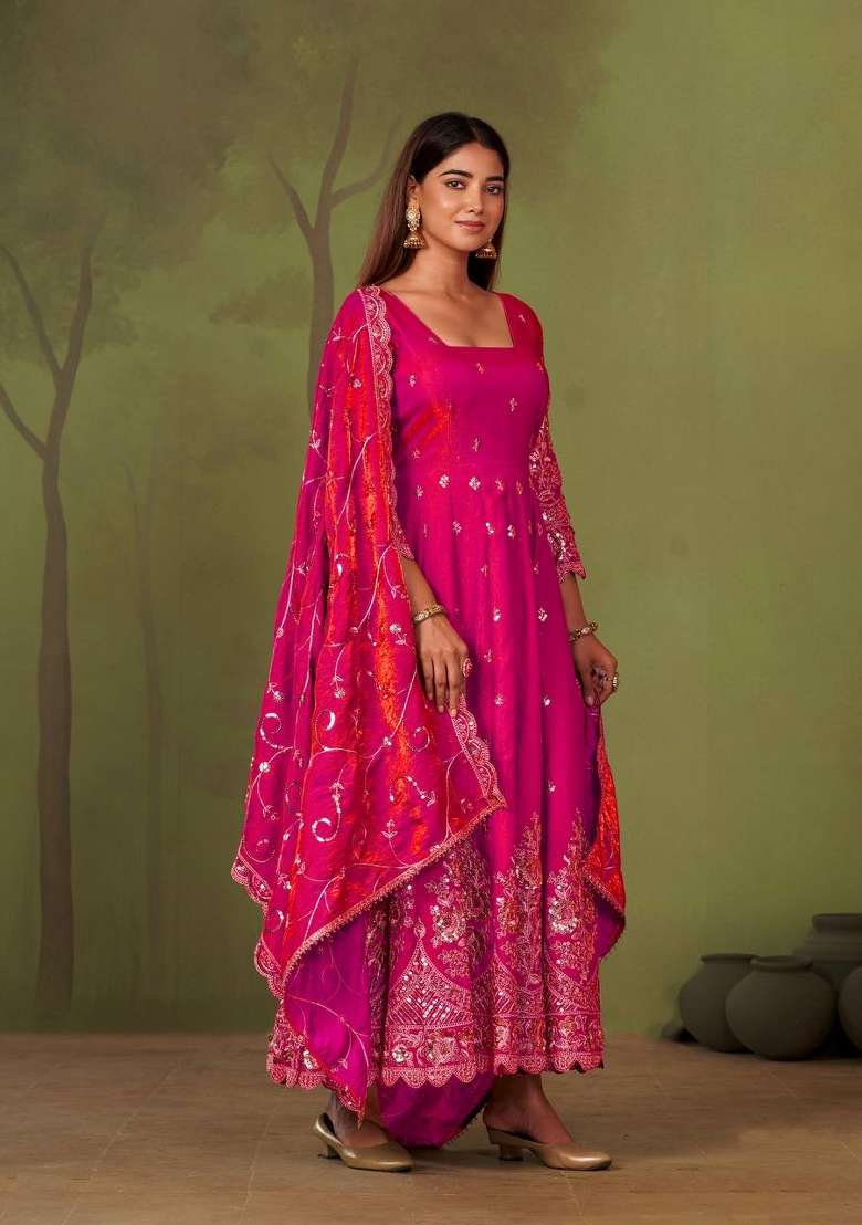 Pink Embroidery Silk Gown Set - Indya