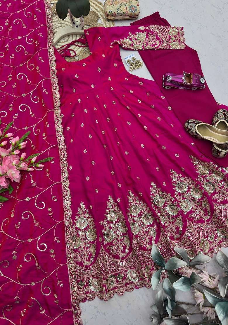 Pink Embroidery Silk Gown Set - Indya