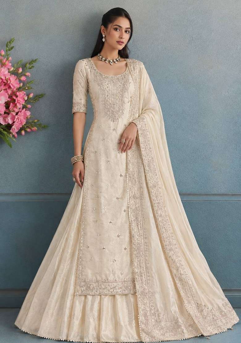 White Embroidery Silk Kurta Set - Indya