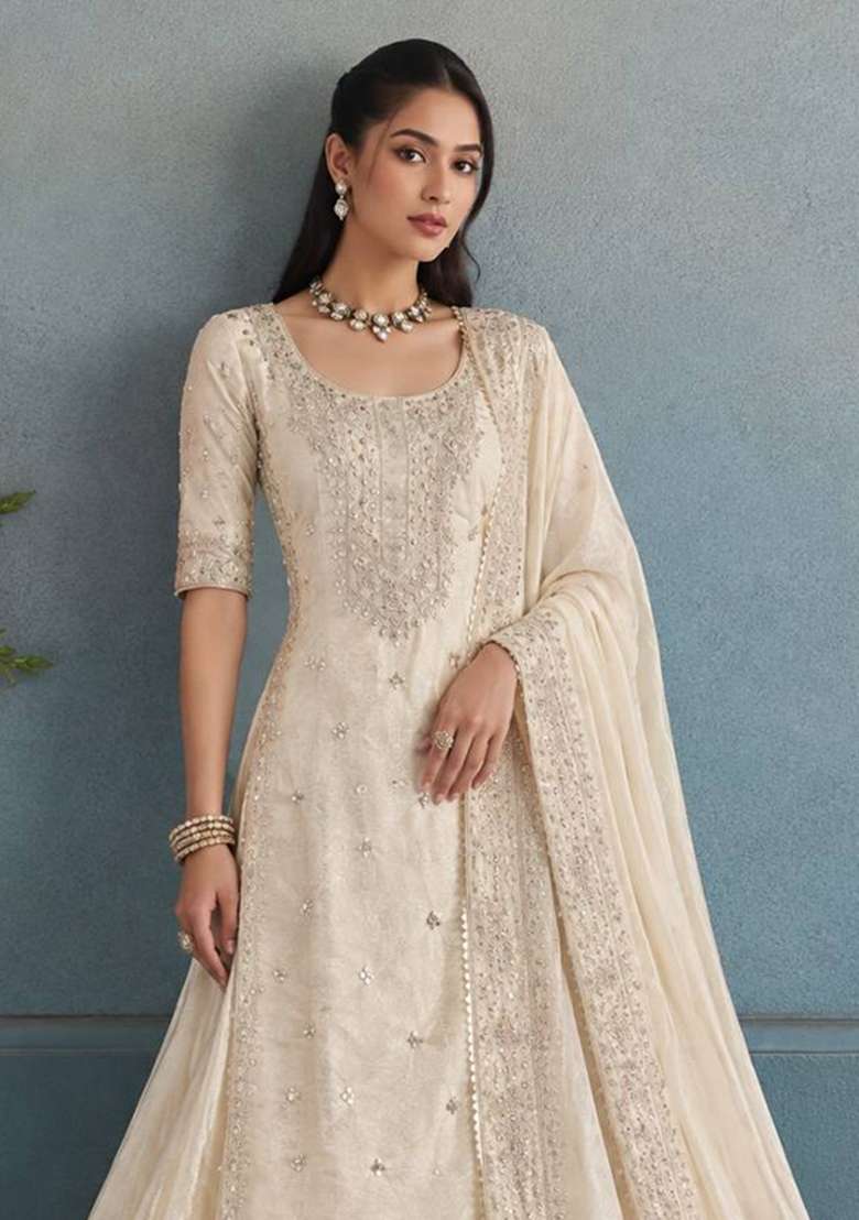 White Embroidery Silk Kurta Set - Indya