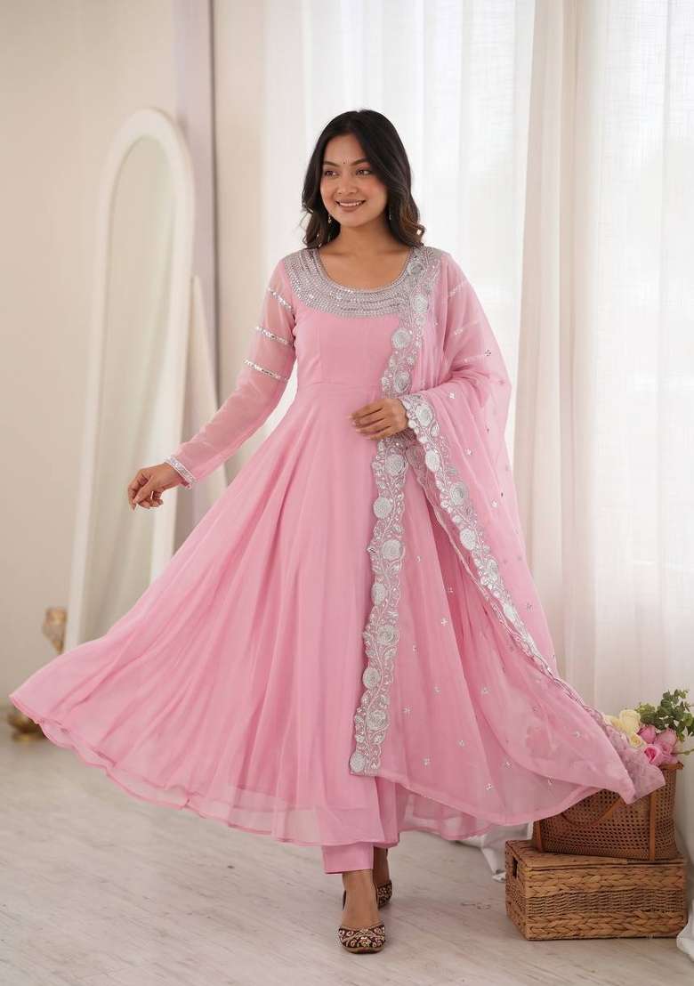 Pink Embroidery Georgette Gown Set - Indya
