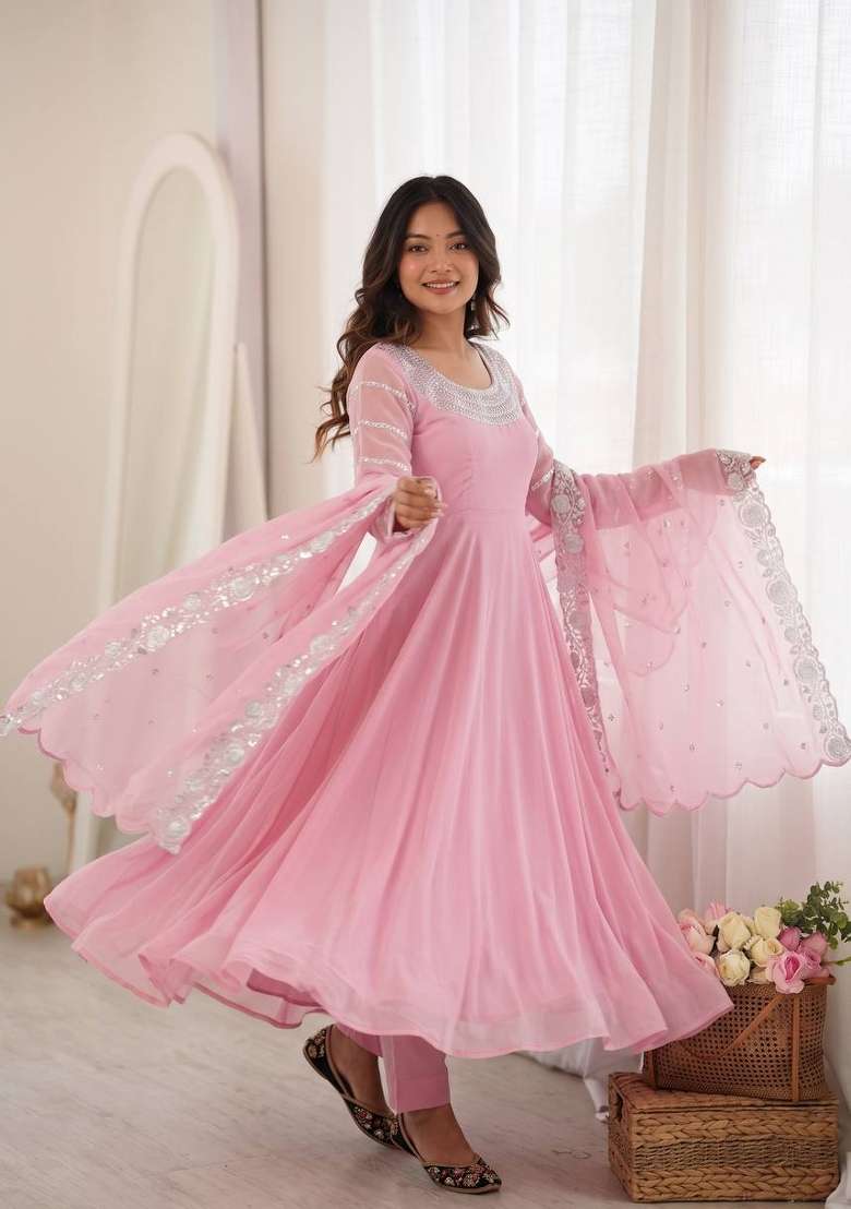 Pink Embroidery Georgette Gown Set - Indya