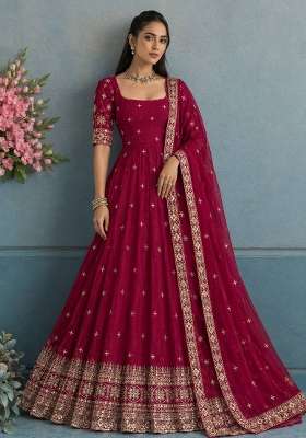 Rani Pink Embroidery Silk Gown Set