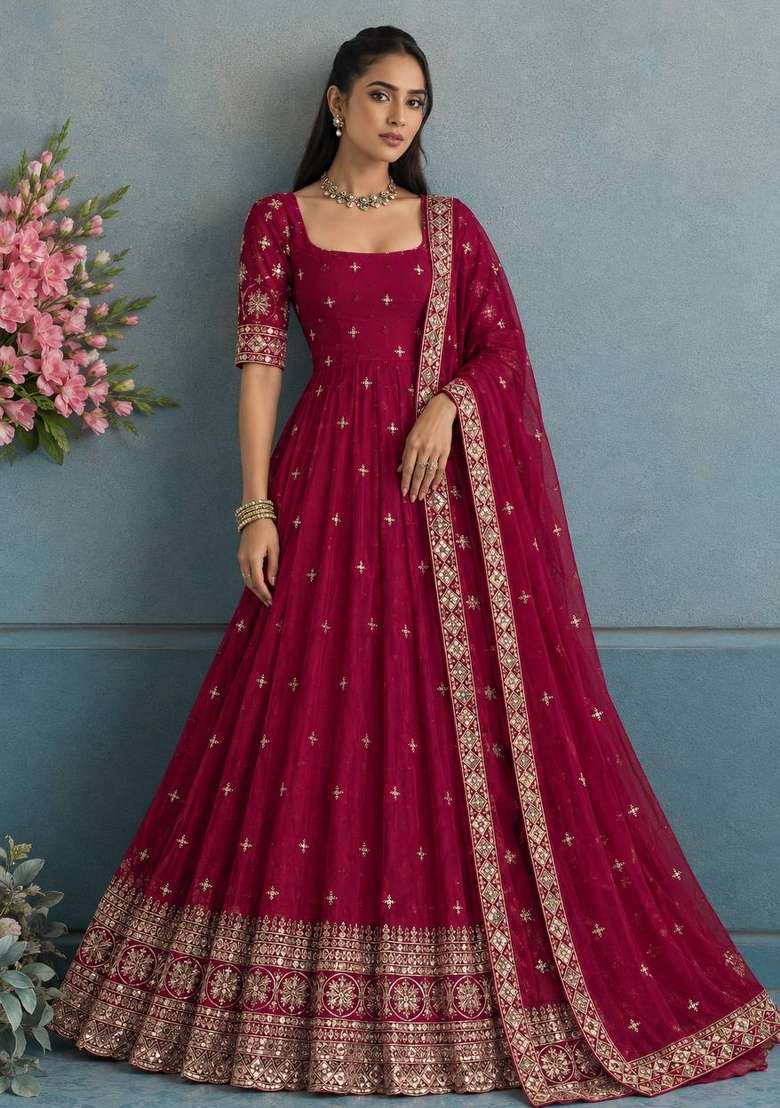 Rani Pink Embroidery Silk Gown Set - Indya