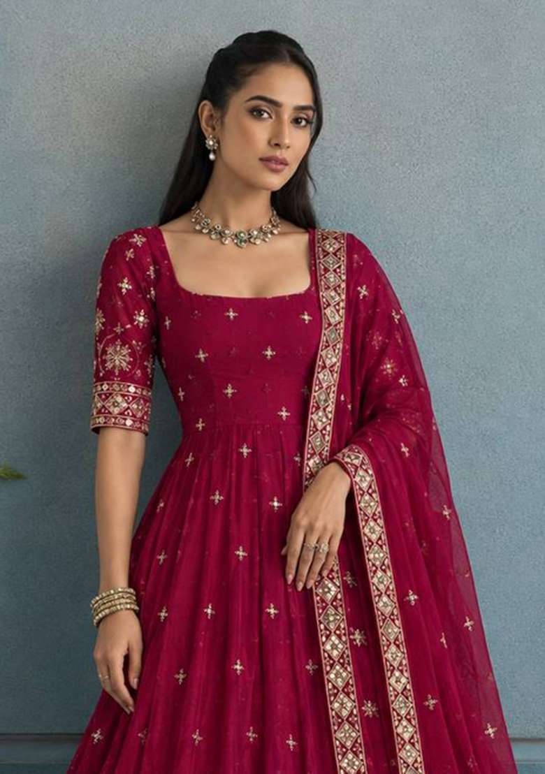 Rani Pink Embroidery Silk Gown Set - Indya