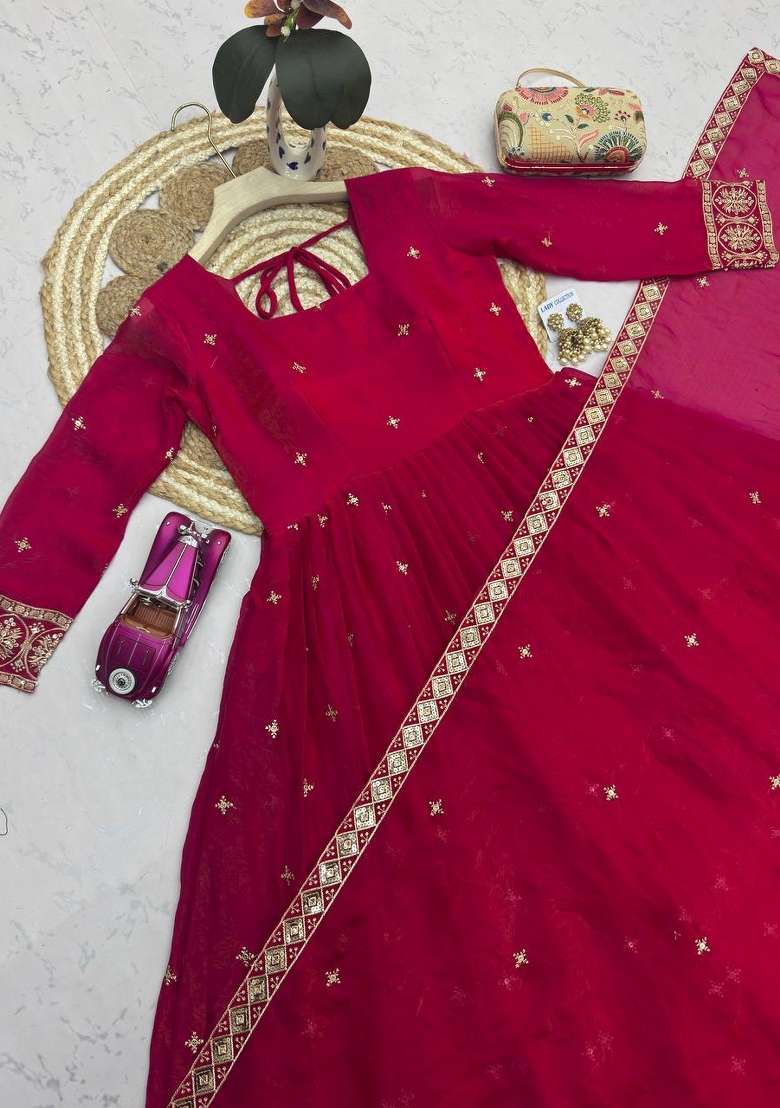 Rani Pink Embroidery Silk Gown Set - Indya