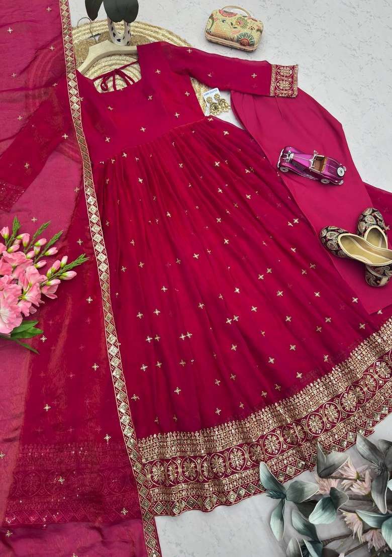 Rani Pink Embroidery Silk Gown Set - Indya