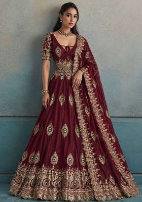 Maroon Embroidery Silk Gown Set
