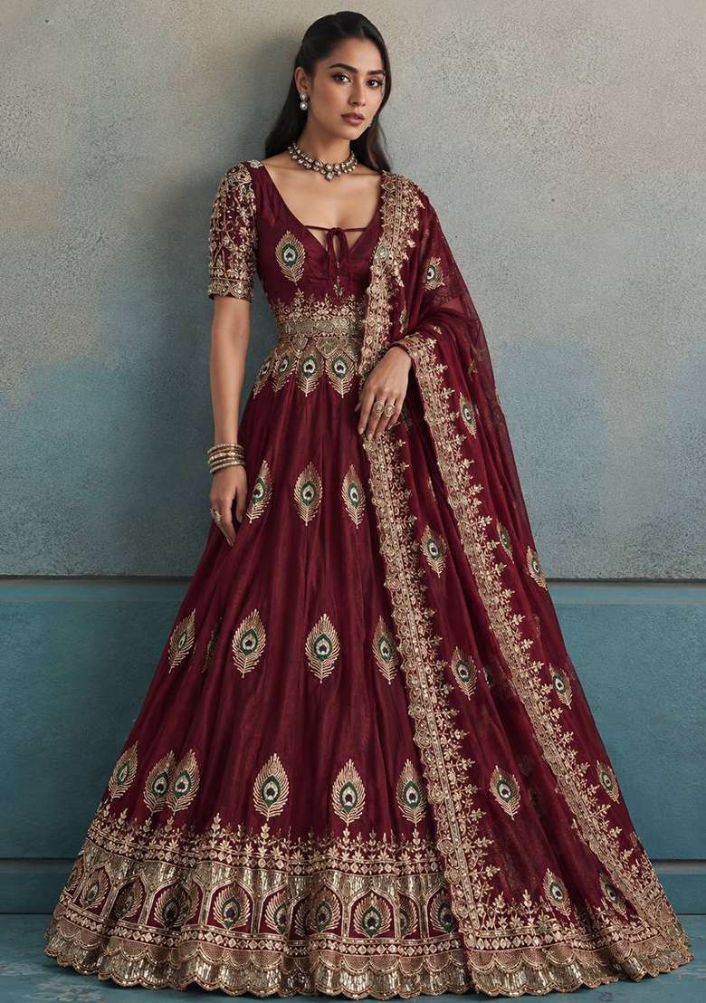 Maroon Embroidery Silk Gown Set - Indya