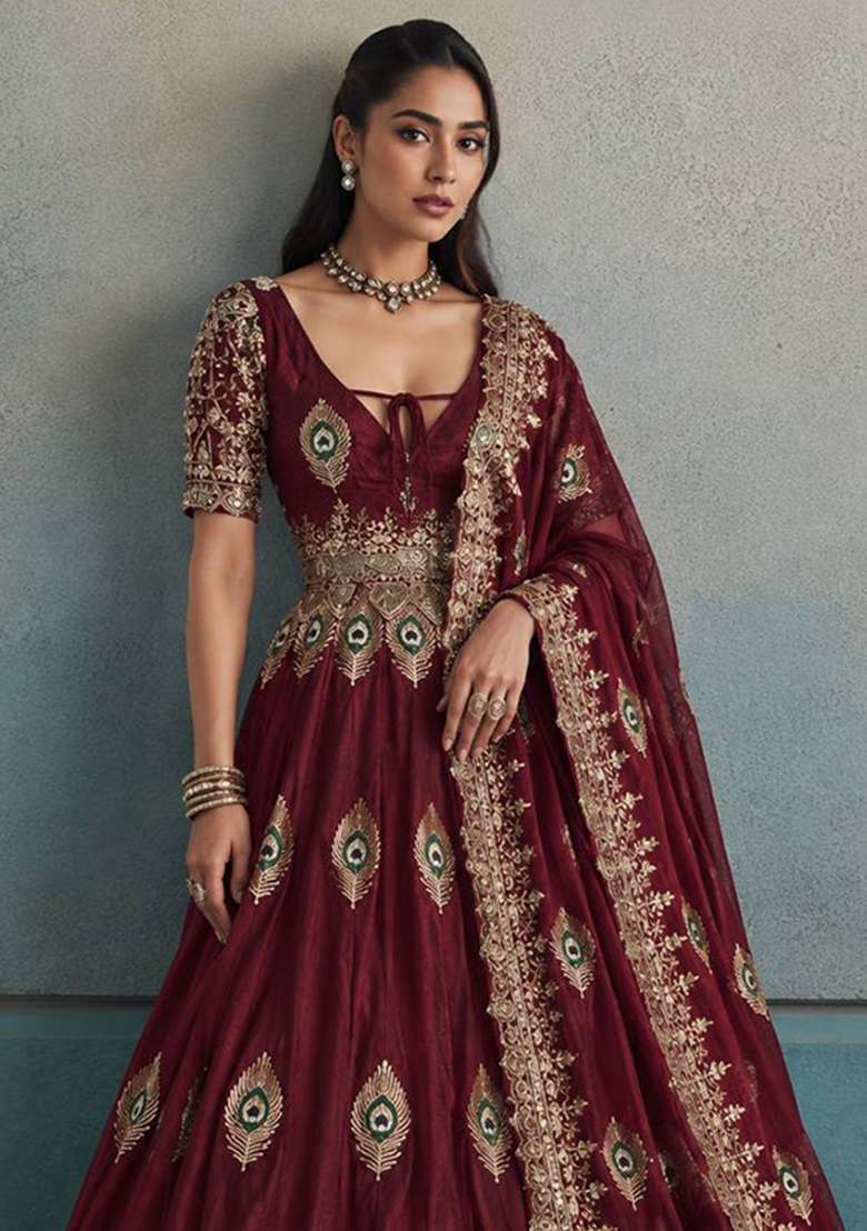 Maroon Embroidery Silk Gown Set - Indya