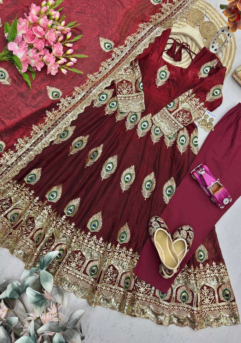 Maroon Embroidery Silk Gown Set - Indya
