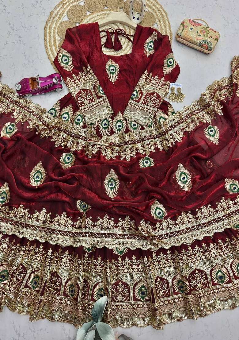 Maroon Embroidery Silk Gown Set - Indya